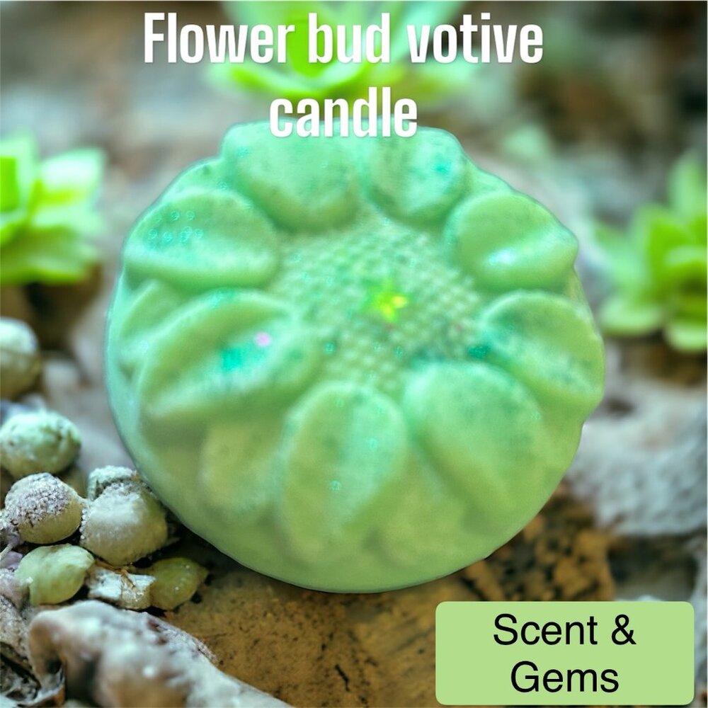 SCENT & GEMS, FLOWER BUD VOTIVE CANDLES!